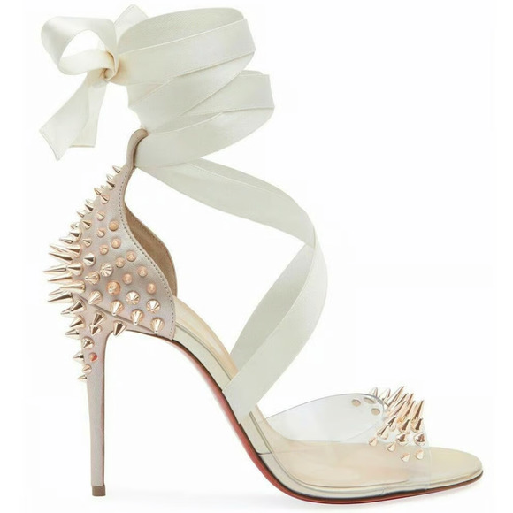 Christian Louboutin Barbarissima 100 Nude Gold PVC Lace Up Sandal Heel Pump 35.5 - Picture 5 of 12